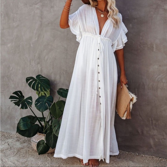 NEW! Bohemian Long White Gauze Maxi Peasant Dress - Picture 2 of 8